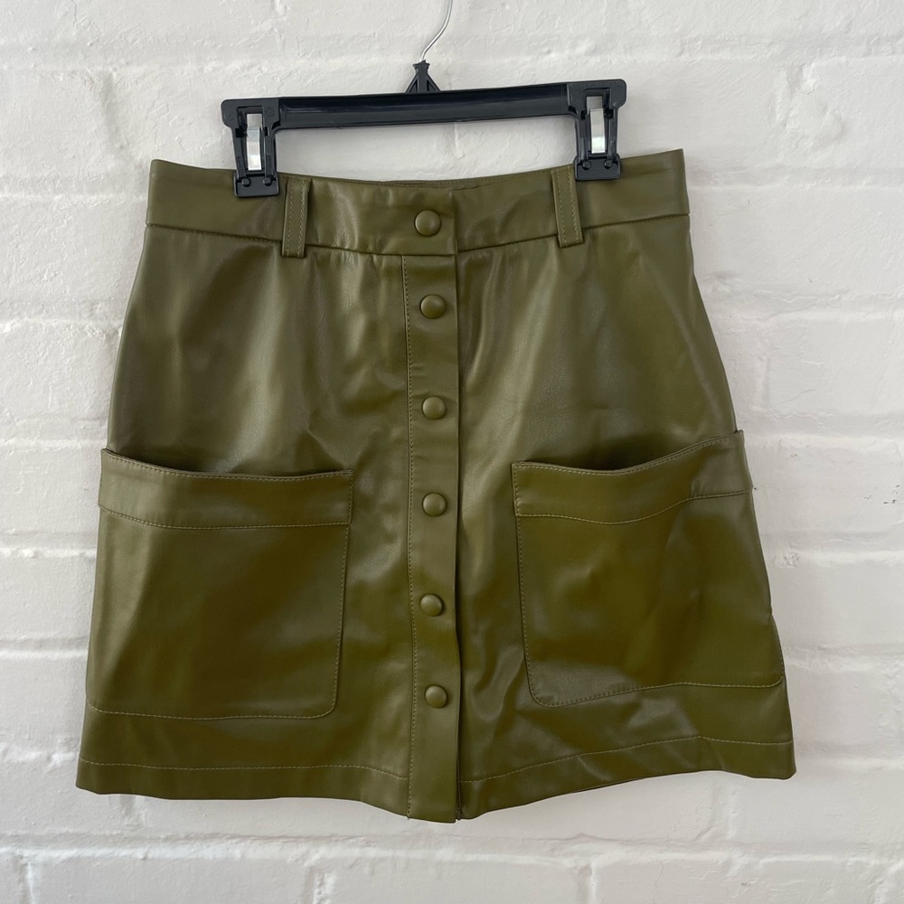 STAUD Olive Green Faux Leather Button-Front Mini Skirt